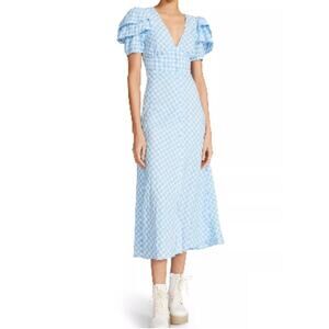 Betsey Johnson Size XL Dress Blue Checkered Puff Sleeve  Flirt Backyard BBQ